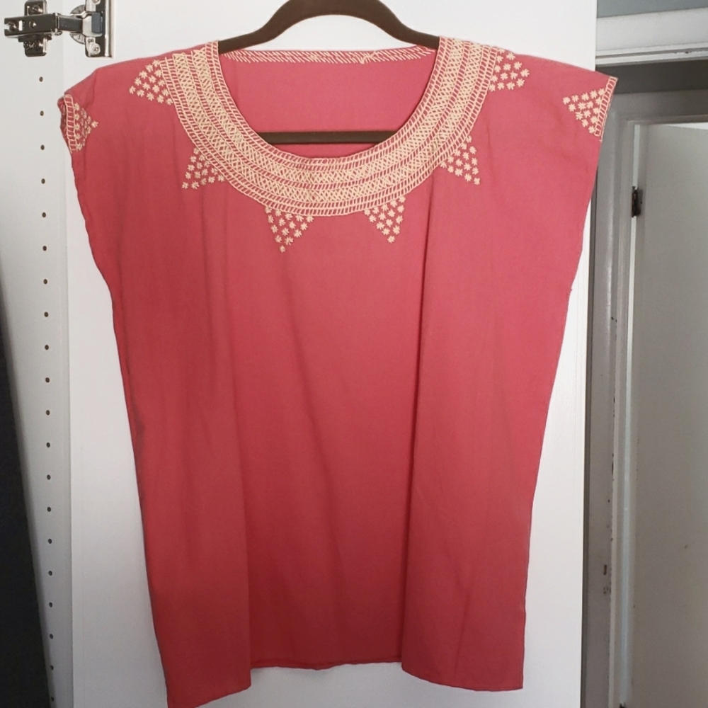 Coral embroidered linen shirt
